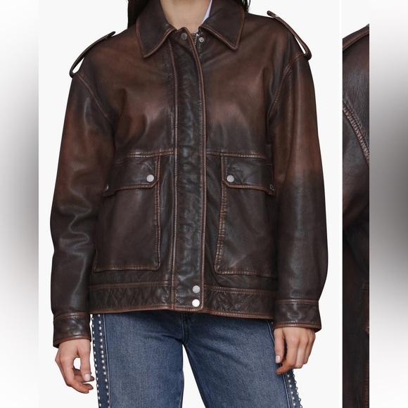 Avec Les Filles Jackets & Blazers - Avec Les Filles Burnished Brown Leather Bomber Jacket Oversized Large